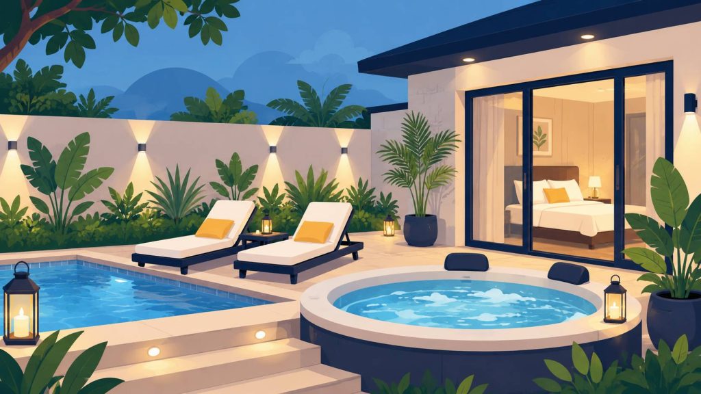 Pool villa for couples with a private jacuzzi, romantic lighting, and a calm outdoor pool area