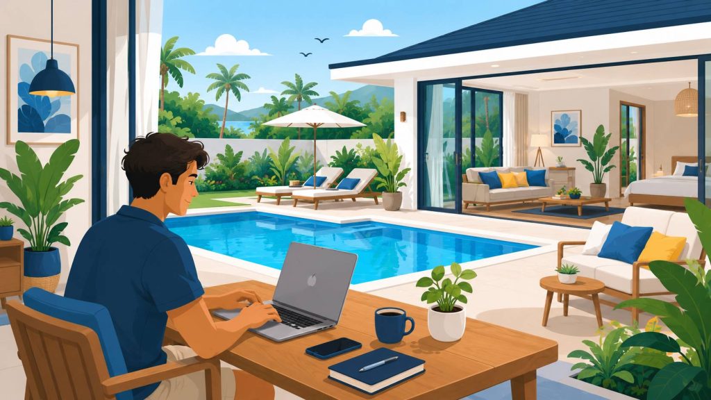 Pool villa for digital nomads with private pool, kitchen, workspace, luggage, storage, and long-stay comfort features