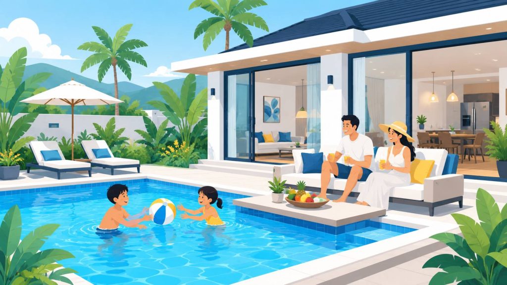 Pool villa for families with a private pool, shaded outdoor seating, and a safe family-friendly setting
