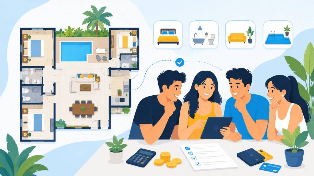 Pool villa for friends showing bedroom planning, shared spaces, and group cost-sharing preparation