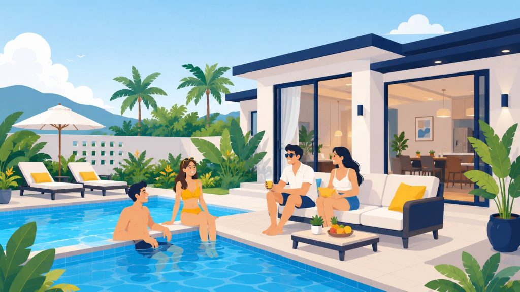 Pool villa for friends with a private pool, outdoor lounge seating, and a relaxed group setting