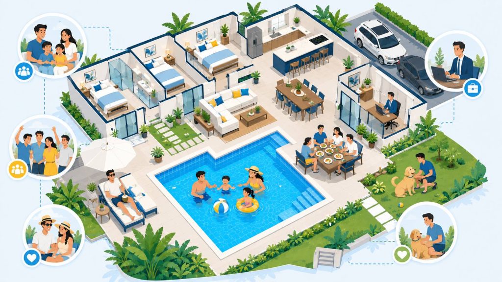 Pool villa for groups layout showing shared spaces, bedrooms, bathrooms, pool area, garden, and different guest needs