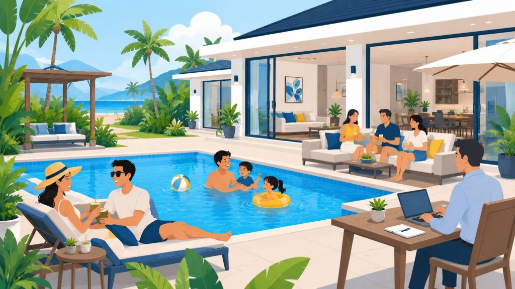 Pool villa for groups showing families, couples, friends, and corporate guests using a private villa space