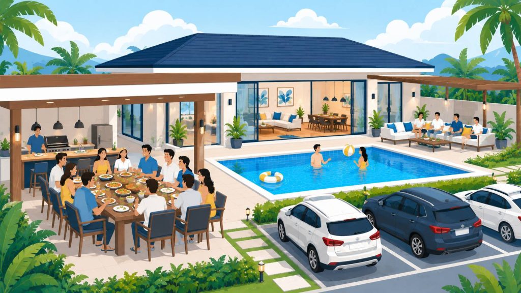 Pool villa for large groups with outdoor dining space, parking area, private pool, and shared seating