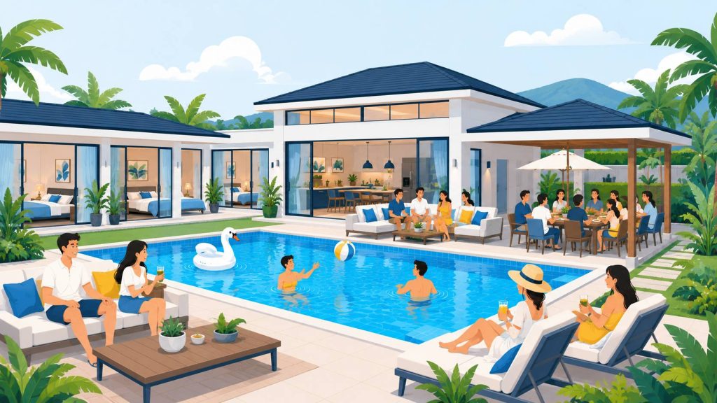 Pool villa for large groups with a private pool, spacious outdoor lounge area, and relaxed group setting