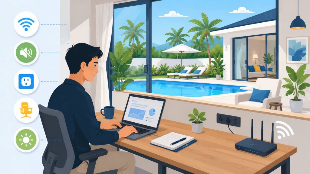 Pool villa for workation with laptop workspace, Wi-Fi setup, power access, quiet room, and private pool view
