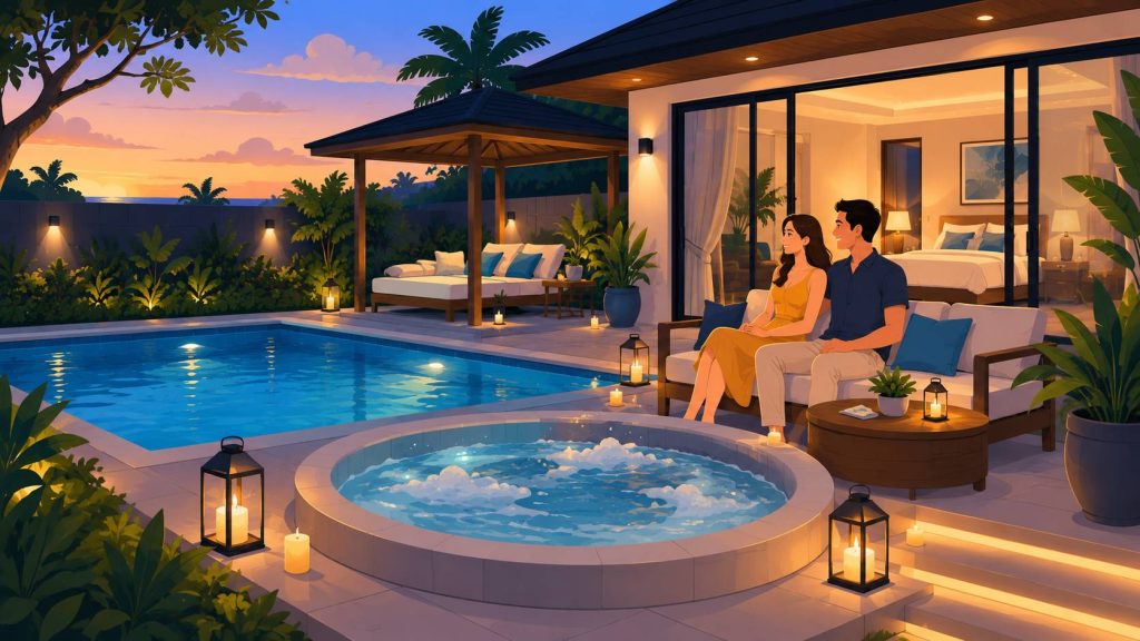 Pool villa with jacuzzi and private pool showing terrace seating, privacy walls, tropical greenery, warm lighting, and a couple relaxing nearby