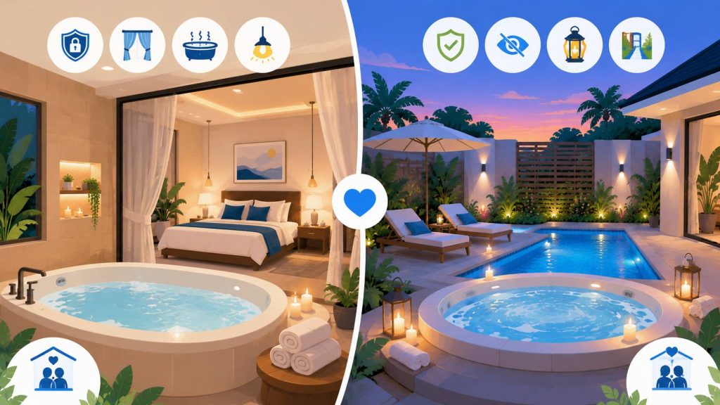 Pool villa with jacuzzi for couples showing indoor bathtub comfort, outdoor jacuzzi privacy, warm lighting, and private pool terrace
