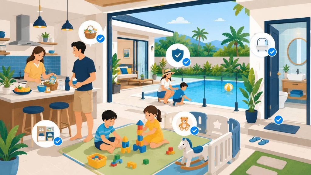 Pool villa with kids showing a family kitchen, bathroom access, safe play area, and private pool nearby