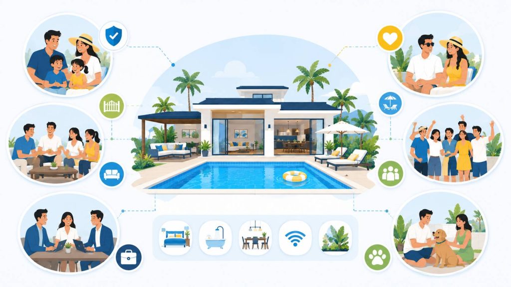 Pool villas for guest types with visual cues for families, couples, friends, large groups, corporate groups, and pet owners