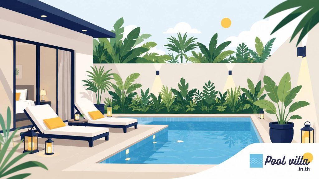 rivate pool villa for couples with tropical greenery, quiet poolside seating, and a peaceful atmosphere