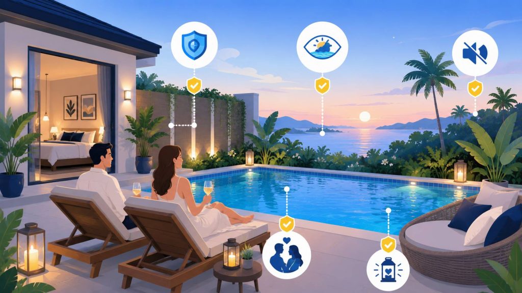 Private pool villa for couples with a peaceful pool terrace, romantic atmosphere, tropical privacy, and scenic view