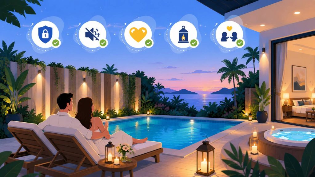 Private romantic pool villa atmosphere with warm lighting, tropical greenery, lounge chairs, and a peaceful pool terrace