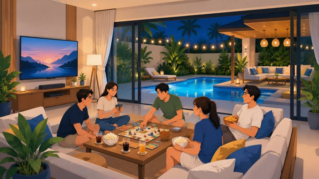 Pool villa activities for friends showing board games, movie night, indoor lounge seating, private pool view, warm terrace lights, and quiet evening atmosphere