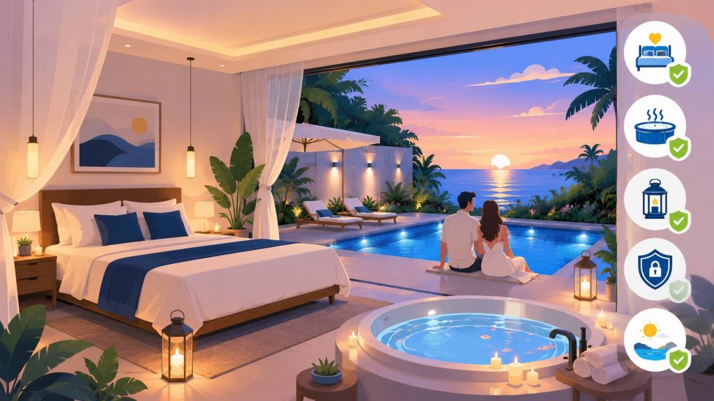 Romantic pool villa stay with a comfortable bedroom, private jacuzzi, soft lighting, pool terrace, and scenic view