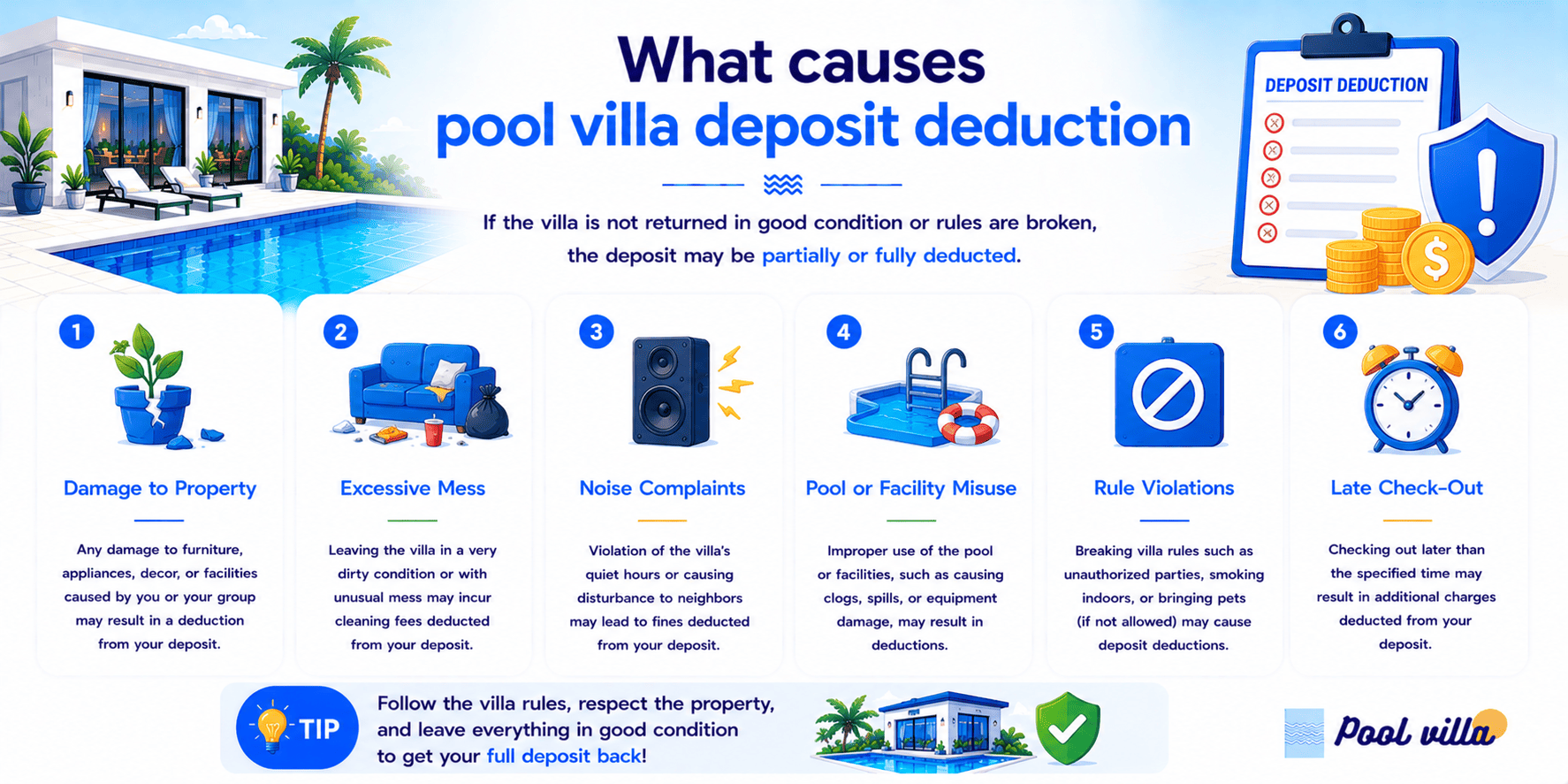 What causes pool villa deposit deduction