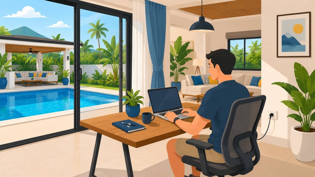 Workation pool villa checklist showing a comfortable laptop workspace, private pool view, shaded terrace, power access, and tropical villa setting