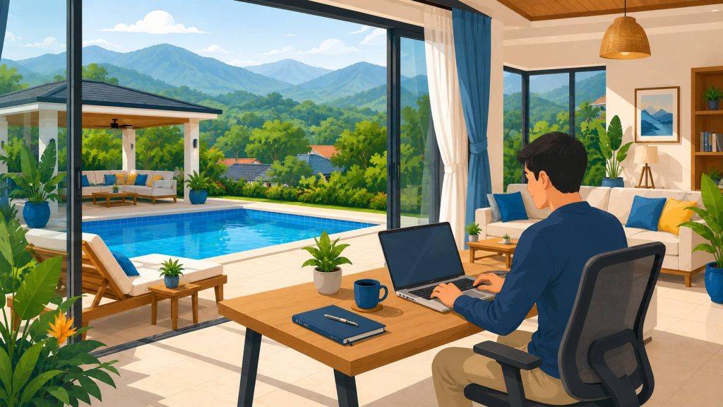 Workation pool villa Chiang Mai scene with laptop workspace, private pool, shaded terrace, tropical plants, and mountain-inspired background