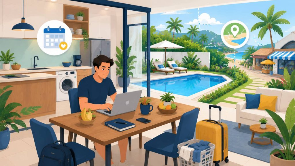Workation pool villa with private pool, kitchen, workspace, luggage, and convenient long-stay location features