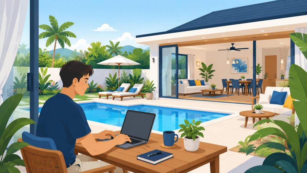 Workation pool villas with a private pool, comfortable laptop workspace, tropical terrace, and calm setting